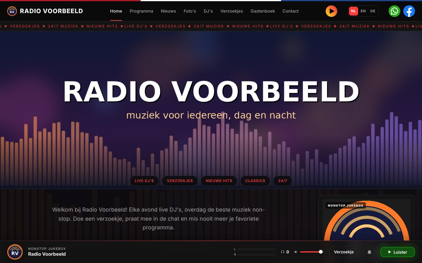 Beispiel einer Sender-Website mit Menü, großem Titelbild und dem Player unten.